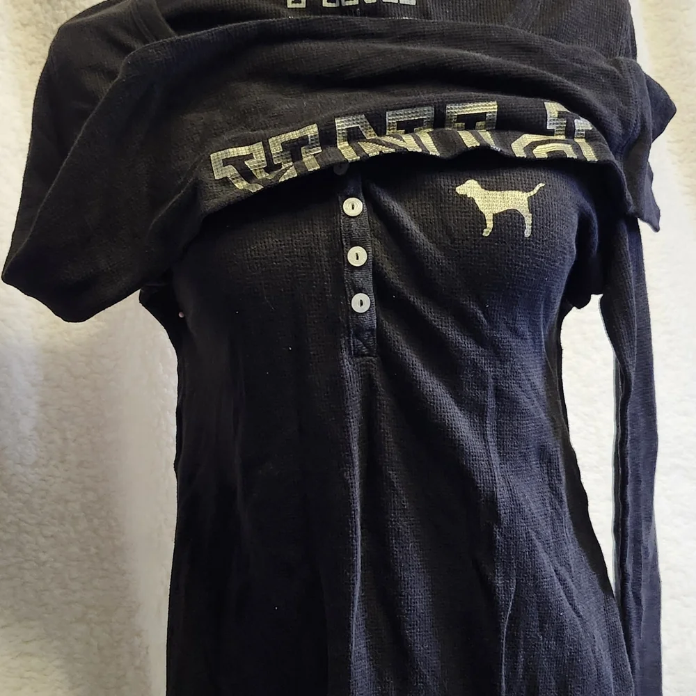 Victoria's Secret Black Long-Sleeve Henley with Cream Dog Logo